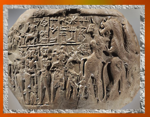 D'après la bulle de Lugalanda, prince de Lagash, empreinte du sceau, combats mythologiques, vers 2400 avjc, Girsu-Tello, Irak actuel, dynasties archaïques sumériennes, Mésopotamie. (Marsailly/Blogostelle)