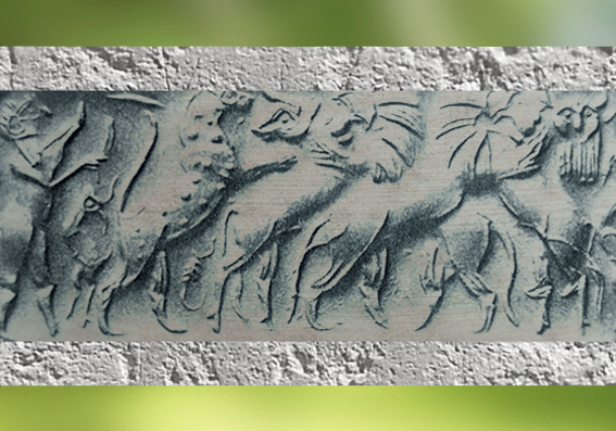 D’après des figures mythologiques et Taureau barbu, sceau-cylindre, vers 2500 ans avjc, dynasties archaïques sumériennes, tombe royale d’Ur, Irak actuel, Mésopotamie. (Marsailly/Blogostelle)