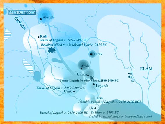 D'après une carte de la Mésopotamie, époque des dynasties archaïques sumérienne, Lagash, Umma, Ur, Mari. (Marsailly/Blogostelle)