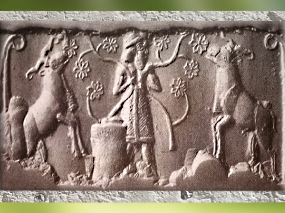 D'après une image de Roi sumérien, nourricier du troupeaux sacré, glyptique, vers 3200-3000 avjc, Uruk, période de Jemdet-Nasr, Mésopotamie. (Marsailly/Blogostelle)