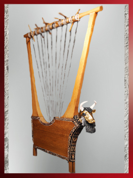 D’après la lyre dite de la Reine, bois, incrustation de coquille, lapis-lazuli et feuille d'or, sépulture de la reine Puabi, tombes royales d'Ur, vers 2600-2500 avjc, période des dynasties archaïques sumériennes, Ur, Irak actuel, Mésopotamie. (Marsailly/Blogostelle)