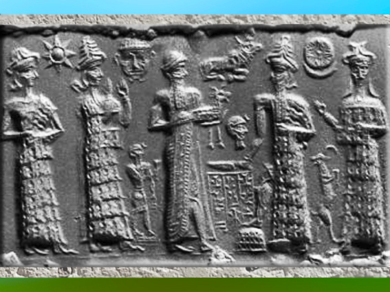 D'après une scène d'épiphanie des Dieux, empreinte de sceau, vers 1894 avjc-1595 avjc, première dynastie de Babylone, Mésopotamie. (Marsailly/Blogostelle)