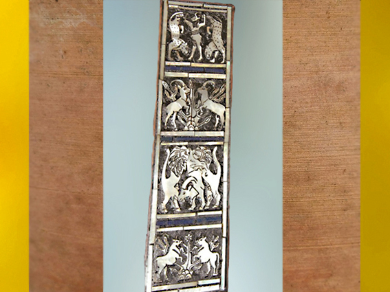 D'après le décor d'une lyre (reconstruite), bouquetins et lions chasseurs, tombes royales d'Ur, vers 2600-2500 avjc, période des dynasties archaïques sumériennes, Ur, Irak actuel, Mésopotamie. (Marsailly/Blogostelle)