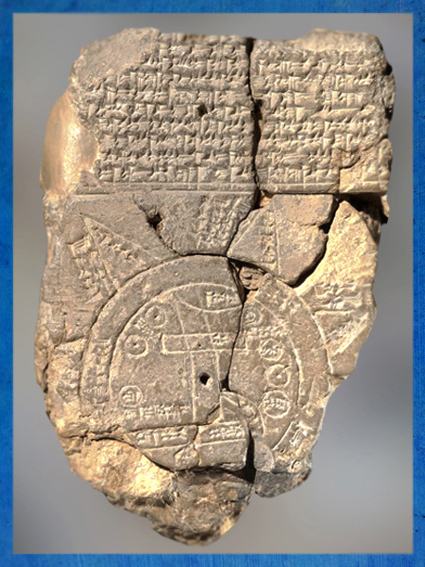 D'après une carte du Monde babylonienne, argile, VII siècle avjc, Babylone, Irak actuel, Mésopotamie. (Marsailly/Blogostelle)