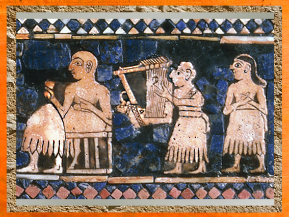 D'après une lyre, Étendard d'Ur, détail mosaïque de La Paix, vers 2600-2500 avjc, période des dynasties archaïques sumériennes, Ur, Irak actuel, Mésopotamie. (Marsailly/Blogostelle)