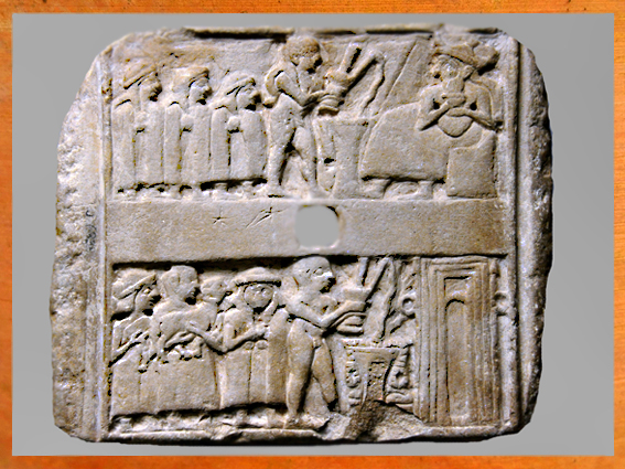 D’après une scène de libation et de sacrifice devant le temple, Ur, vers 2600-2500 avjc, période des dynasties archaïques sumériennes, Irak actuel, Mésopotamie. (Marsailly/Blogostelle)