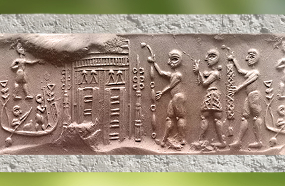 D’après une cérémonie de culte, bateau, temple, procession, empreinte de sceau, Shibaniba, Tell Bill, vers 3000 ans avjc, Irak actuel, Mésopotamie. (Marsailly/Blogostelle)