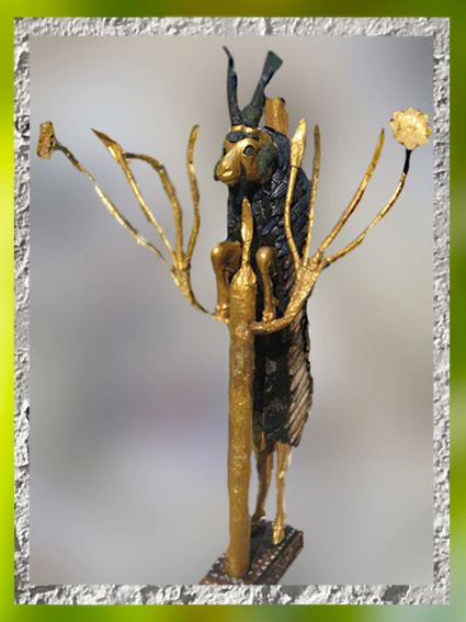 D'après un Bouquetin et Arbre Sacré, tombes royales d'Ur, vers 2500-2600 avjc, période des dynasties archaïques sumériennes, Ur, actuel Irak, Mésopotamie. (Marsailly/Blogostelle)