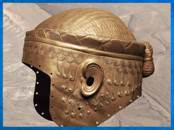 D'après le casque d'or de Meskalamdug, tombes royales d’Ur, vers 2500 avjc, période des dynasties archaïques sumériennes, Ur, actuel Irak, Mésopotamie. (Marsailly/Blogostelle)