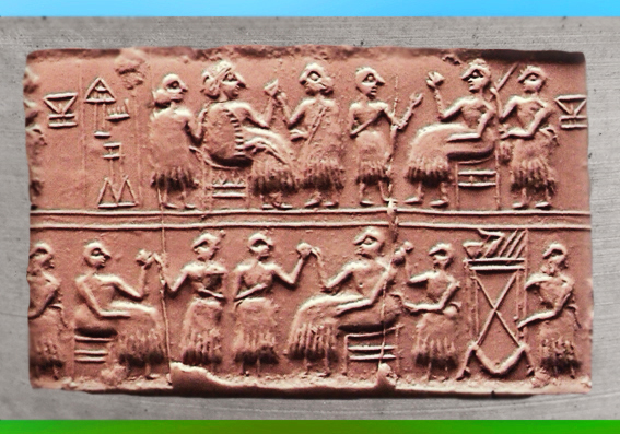 D'après une scène de banquet, sceau de la reine Puabi, tombes royales d'Ur, 2600-2500 avjc, Ur, période des dynasties archaïques sumériennes, Ur, actuel Irak, Mésopotamie. (Marsailly/Blogostelle)