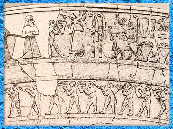 D'après un vase à libations, scène de procession, culte d'Inanna, albâtre, détail, Uruk, vers 3500-3000 ans avjc, Irak actuel, Mésopotamie. (Marsailly/Blogostelle)