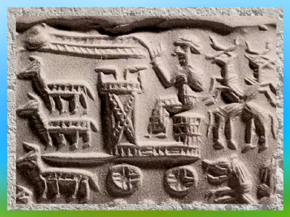 D’après un char royal ou cultuel, empreinte de sceau-cylindre, vers 1800 avjc, époque Assyrienne, Orient ancien. (Marsailly/Blogostelle)