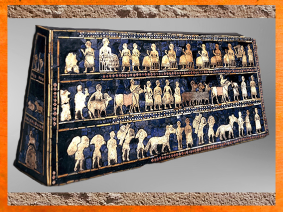 D'après l'Étendard d'Ur, La Paix, mosaïque de coquille, vers 2600-2500 avjc, période des dynasties archaïques sumériennes, actuel Irak, Mésopotamie. (Marsailly/Blogostelle)