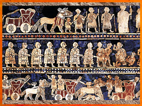 D'après l'Étendard d'Ur, La Guerre, chars et fantassins, détail, mosaïque de coquille, vers 2600-2500 avjc, période des dynasties archaïques sumériennes, Ur, actuel Irak, Mésopotamie. (Marsailly/Blogostelle)
