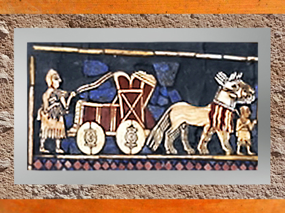 D'après l'Étendard d'Ur, La Guerre, un char, détail, mosaïque de coquille, vers 2600-2500 avjc, période des dynasties archaïques sumériennes, Ur, actuel Irak, Mésopotamie. (Marsailly/Blogostelle)