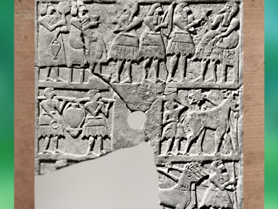 D'après le relief perforé dit du Nouvel An, banquet, porteurs et char, vers 2700 avjc, Temple Ovale, Khafadjé, Mésopotamie. (Marsailly/Blogostelle)