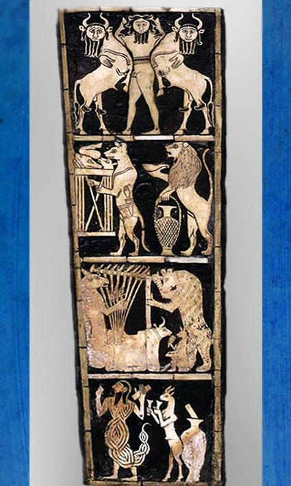 D’après la lyre dite du Roi et son décor incrusté, Maître des Animaux, tombes royales d'Ur, vers 2600-2500 avjc, période des dynasties archaïques sumériennes, Ur, Irak actuel, Mésopotamie. (Marsailly/Blogostelle)