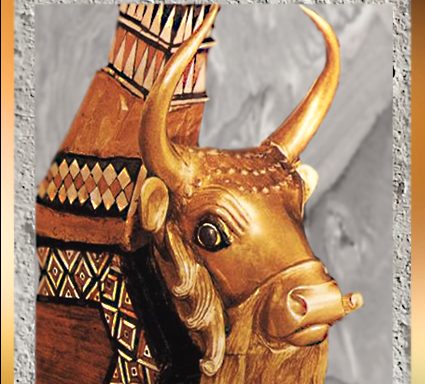 D'après la lyre d'or, taureau, reine Puabi, vers 2500 avjc, tombes royales d’Ur, période des dynasties archaïques sumériennes, Ur, Irak actuel, Mésopotamie. (Marsailly/Blogostelle)