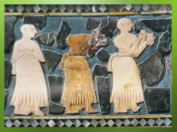 D'après l'Étendard aux scènes cultuelles, libations, coquille, temple de Dagân ou centre administratif dit du Grand Prêtre, fin IIIe millénaire avjc, Mari, Tell Hariri, actuelle Syrie, Orient ancien. (Marsailly/Blogostelle)