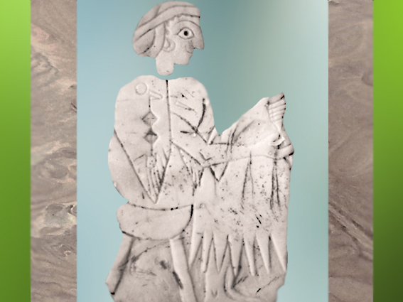 D’après une femme et son kaunakès de cérémonie, coquille, fin IIIe millénaire avjc, Mari, Tell Hariri, actuelle Syrie, Orient ancien. (Marsailly/Blogostelle)