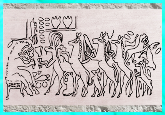 D'après le Banquet des animaux, sceau, tombes d'Ur, vers 2500-2600 avjc, période des dynasties archaïques sumériennes, Ur, Irak actuel, Mésopotamie. (Marsailly/Blogostelle)