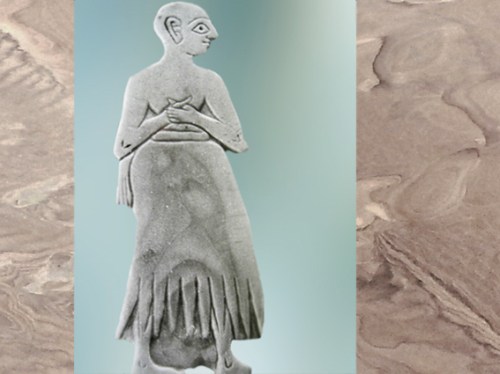 D’après un orant, coquille, palais de Mari, vers 2500-2300 ans avjc, Mari, Tell Hariri, actuelle Syrie, Orient ancien. (Marsailly/Blogostelle)