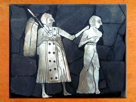 D’après un guerrier et son prisonnier, palais de Mari, vers 2500-2300 ans avjc, Mari, Tell Hariri, actuelle Syrie, Orient ancien. (Marsailly/Blogostelle)