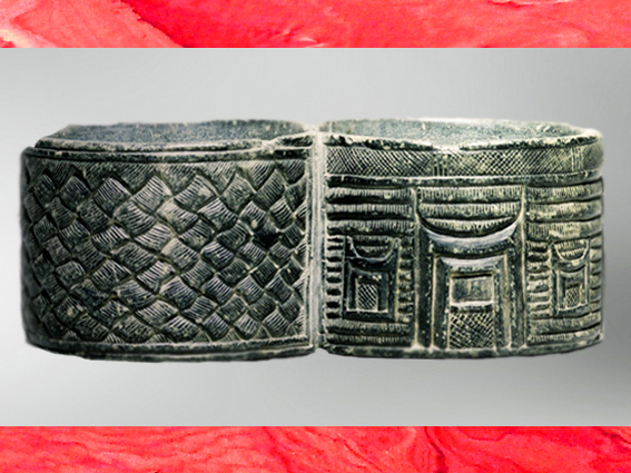 D’après un vase double en pierre, chlorite, décor de vannerie et architecture, IIIe millénaire avjc, pays d'Élam, Iran, Orient ancien. (Marsailly/Blogostelle)