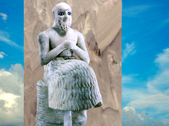 D’après la statue votive dite de l’intendant Ebih-Il, albâtre, vers 2400 avjc, temple d’Ishtar, Mari, Tell Hariri,  actuelle Syrie, Orient ancien. (Marsailly/Blogostelle)