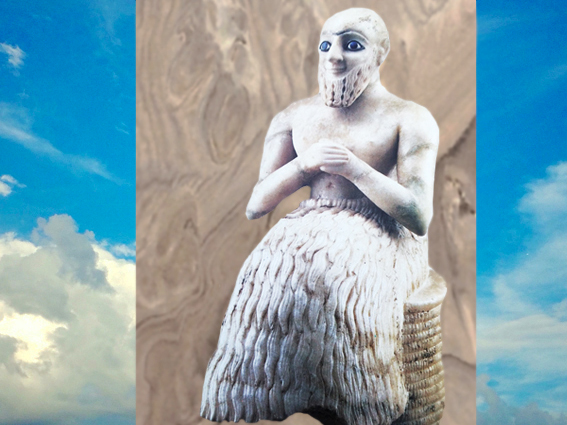 D’après la statue votive dite de l’intendant Ebih-Il, albâtre, vers 2400 avjc, temple d’Ishtar, Mari, Tell Hariri, actuelle Syrie, Orient ancien. (Marsailly/Blogostelle)