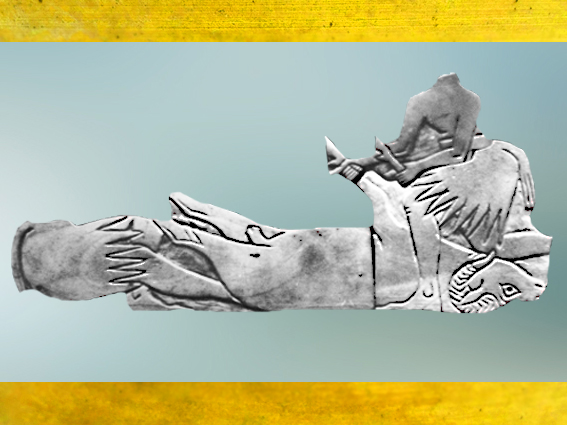 D’après une scène de sacrifice d’un bélier, coquille non nacrée, temple de Shamash, Mari, IIe millénaire avjc, Tell Hariri, actuelle Syrie, Orient ancien. (Marsailly/Blogostelle)