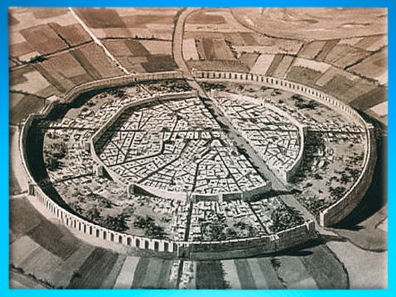 D’après une reconstitution de la cité de Mari et son plan circulaire, IIIe millénaire avjc, Tell Hariri, actuelle Syrie, Orient ancien. (Marsailly/Blogostelle)