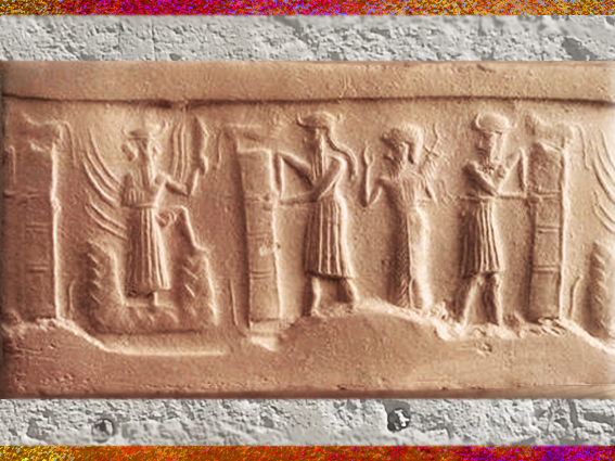 D'après le dieu Soleil émergeant de la Montagne et l'ouverture du temple, empreinte de sceau, 2340 avjc - 2200 avjc, dynastie d'Akkad, période d'Agadé, Mésopotamie. (Marsailly/Blogostelle)