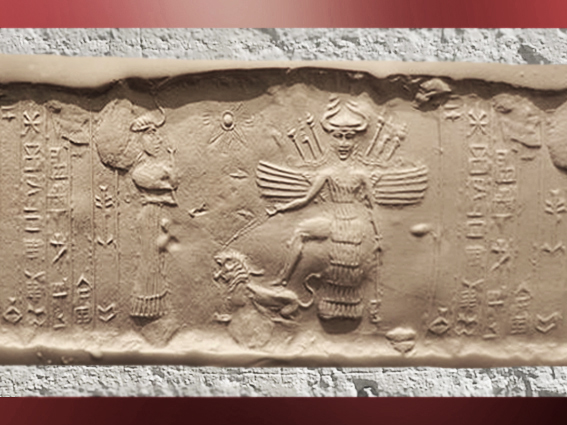 D’après la grande déesse aux Épis sous son aspect guerrier (Inanna-Ishtar), attributs Lion et Étoile, vers 2340 avjc - 2200 avjc, dynastie d'Akkad, époque d'Agadé, Mésopotamie. (Marsailly/Blogostelle)