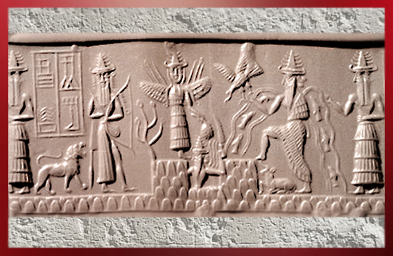 D'après le sceau du scribe Adda, le dieu Soleil émerge de la Montagne, vers 2300 avjc, dynastie d'Akkad, époque d'Agadé, Mésopotamie. (Marsailly/Blogostelle