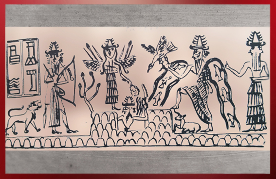 D'après le sceau du scribe Adda, le dieu Soleil émerge de la Montagne, vers 2300 avjc, dynastie d'Akkad, époque d'Agadé, Mésopotamie. (Marsailly/Blogostelle)