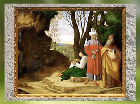 D'après Les Trois Philosophes dans un paysage, Giorgione, huile sur toile, 1508-1509, Renaissance italienne. (Marsailly/Blogostelle)