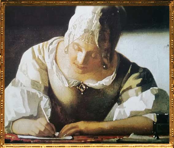 D'après La Dame Écrivant une Lettre et sa servante, détail, Johannes Vermeer, 1670, tableau signé IVMeer, XVIIe siècle, peinture hollandaise. (Marsailly/Blogostelle)