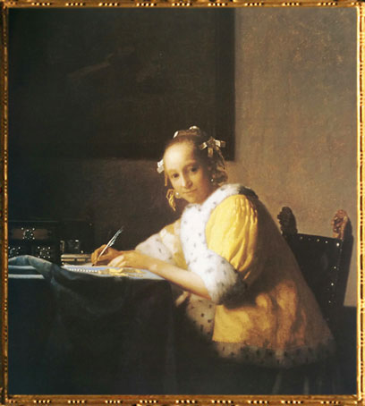 D'après Une Dame Écrivant, Johannes Vermeer, vers 1665, IVMeer, XVIIe siècle, peinture hollandaise. (Marsailly/Blogostelle)