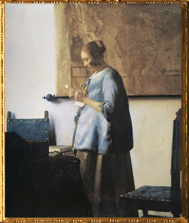 D'après La Femme en Bleu Lisant une Lettre, Johannes Vermeer, 1663-1664, XVIIe siècle, peinture hollandaise. (Marsailly/Blogostelle)