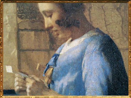 D'après La Femme en Bleu Lisant une Lettre, détail, Johannes Vermeer, 1663-1664, XVIIe siècle, peinture hollandaise. (Marsailly/Blogostelle)