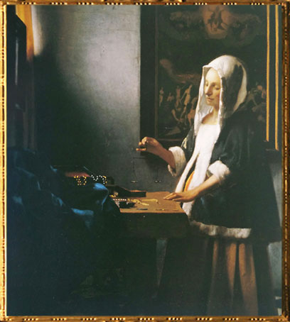 D'après La Jeune Femme à la Balance, Johannes Vermeer, 1664, XVIIe siècle, peinture hollandaise. (Marsailly/Blogostelle)