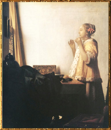 D'après La Jeune Femme au collier de perles, Johannes Vermeer, 1664, XVIIe siècle, peinture hollandaise. (Marsailly/Blogostelle)