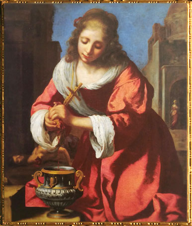 D'après Sainte Praxède, Johannes Vermeer, 1655, inscription Meer 1655 et Meer N R, peinture hollandaise. (Marsailly/Blogostelle)