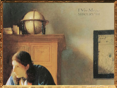 D'après Le Géographe et détail, signature IVMeer, Johannes Vermeer, 1668-1669, XVIIe siècle, peinture hollandaise. (Marsailly/Blogostelle)