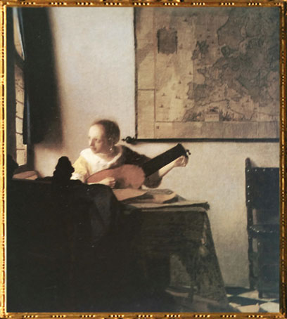 D'après La Femme au luth, Johannes Vermeer,1664, XVIIe siècle, peinture hollandaise. (Marsailly/Blogostelle)