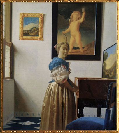 D'après Une Dame debout au virginal, Johannes Vermeer, 1672-1673, IVMeer, XVIIe siècle, peinture hollandaise. (Marsailly/Blogostelle)