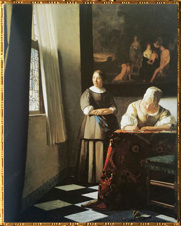 D'après La Dame Écrivant une Lettre et sa Servante, Johannes Vermeer, 1670, IVMeer, XVIIe siècle, peinture hollandaise. (Marsailly/Blogostelle)