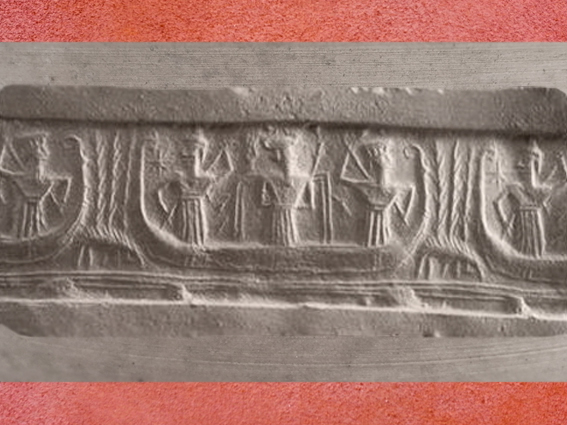 D’après un trio divin sur un bateau, au centre le dieu Enki-Ea et ses Flots, vers 2300–2150 avjc, période d’Agadé, Mésopotamie. (Marsailly/Blogostelle)