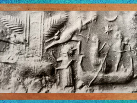 D’après un dieu-bateau et temple ailé, détail, empreinte de sceau, vers 2300 avjc, période d’Agadé, Mésopotamie. (Marsailly/Blogostelle)